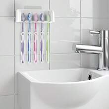 5 Slots Wall Mount Toothbrush Holder With Cover Self Adhesive Toothbrush Storage Organizer For Shower Toothbrush Hanger With Automatic Toothpaste Squeezer Dispenser - White 2 Pack - 查看 5