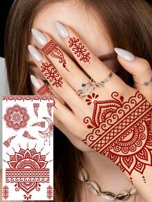 1 Sheet Ramadan Mubarak Kareem Red Brown Henna Pendant Temporary Tattoos For Women Hands Crescent Moon Tattoo Sticker, Ramadan Fake Tattoos Fingers Feet Mehndi Mandala Pendant Decals Islam Muslim Eid Al-Fitr Accessories - Brown - View 5