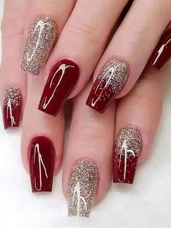 Transform Your Nails 24 Long Style Ballet Wine Red With Gold Glitter Fully Covered Wearable Press-On Nails+Jelly Glue+Nail File Set Suitable For Ladies/Girls At Parties Dance Events And Various Daily Occasions