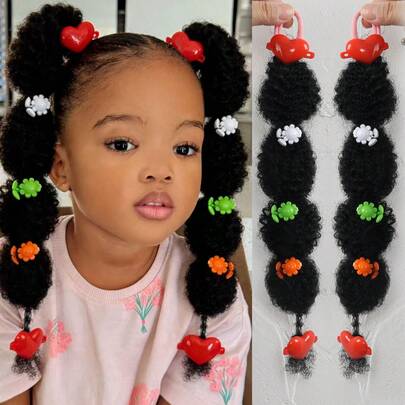2pcs/Set Kids African Black Curly Ponytail Wig, With Colorful Heart Clips, Explosion Ball Cute Hair Accessories For Girls (Random Color)