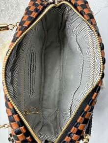 Checkered Crossbody Bag For Women Shoulder Plaid Handbags Top Handle Satchel Bag Woven Bum Bag Stylish Woven Crossbody Bag PU Leather - 咖啡黑格 - 查看 11