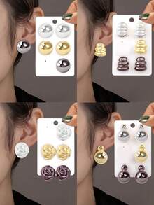 6 Cặp Hoa tai tròn mạ điện màu súng, vàng và bạc, phong cách thời trang Châu Âu và Mỹ dành cho phụ nữ hàng ngày, tiệc tùng, quà tặng - Ba cặp hình tròn - Xem 31
