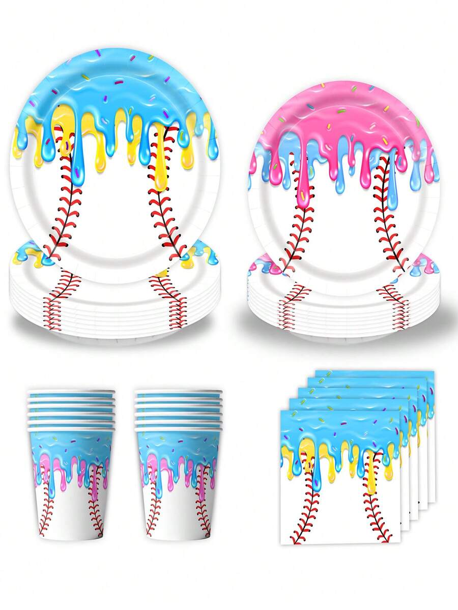 10pcs/Set Ice Cream Baseball Theme Party Tableware Set, Includes Paper Plates, Napkins, Cups - 7 Inch Round Baseball Dessert Plates, Suitable For Cake, Salad, Fruit, Pizza, Disposable Themed Decor, Suitable For Sports Fans, Sports Events, Birthday Parties, Can Also Be Used As Disposable Tablecloth. - Multicolor - View 1