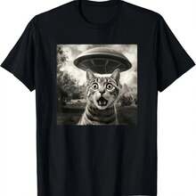 Surprised Cat And UFO Black And White Photo 1950s Alien T-Shirt - 黑色 - 查看 1