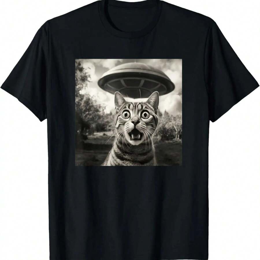 Surprised Cat And UFO Black And White Photo 1950s Alien T-Shirt - 黑色 - 查看 1