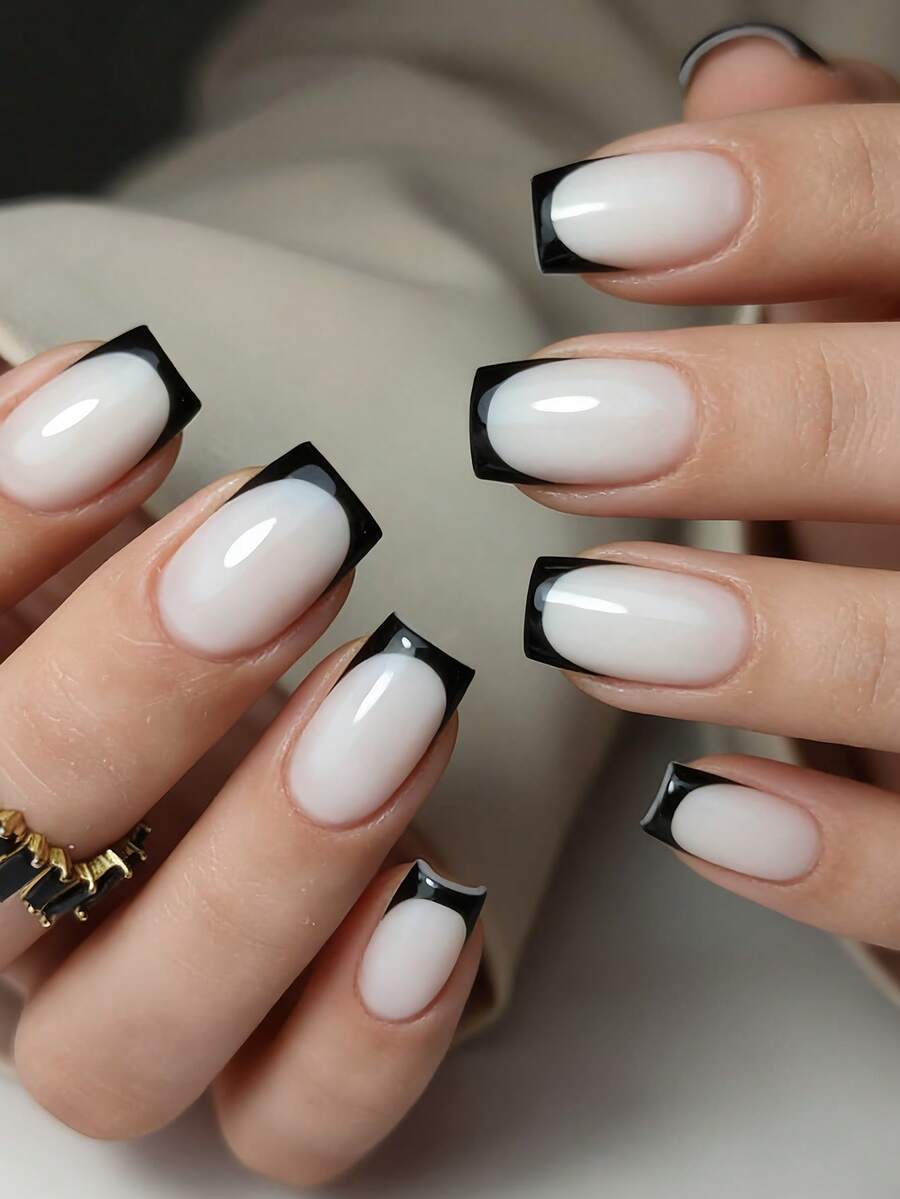 24pcs Medium Square Press-On Nails, Instantly Upgrade Your Look! Simple Elegant White Base, Retro Classic French Style, Full Coverage Design, Suitable For Women And Girls. Includes 1pc Adhesive Sticker And 1pc Mini Jelly Glue Strip. Random Delivery. Nail Supplies - Black - View 1