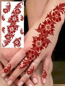 1 张斋月吉祥红棕色指甲花吊坠临时纹身贴纸，适用于女性手部，新月藤蔓图案，斋月假纹身，手指脚部曼陀罗吊坠贴花，伊斯兰教穆斯林开斋节配饰 - 棕色 - 查看 6