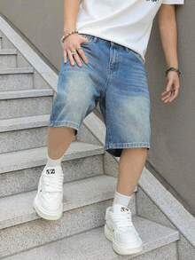 欧美青少年男孩复古休闲蓝色牛仔短裤 - 中等水洗藍 - 查看 3
