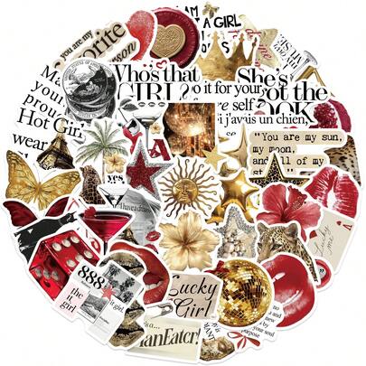 50pcs Gold Lucky Girl Stickers, Decorative For Skateboard, Guitar, Luggage, Laptop, Phone Case, DIY Graffiti Stickers Scrapbook Supplies Scrapbook Stationery