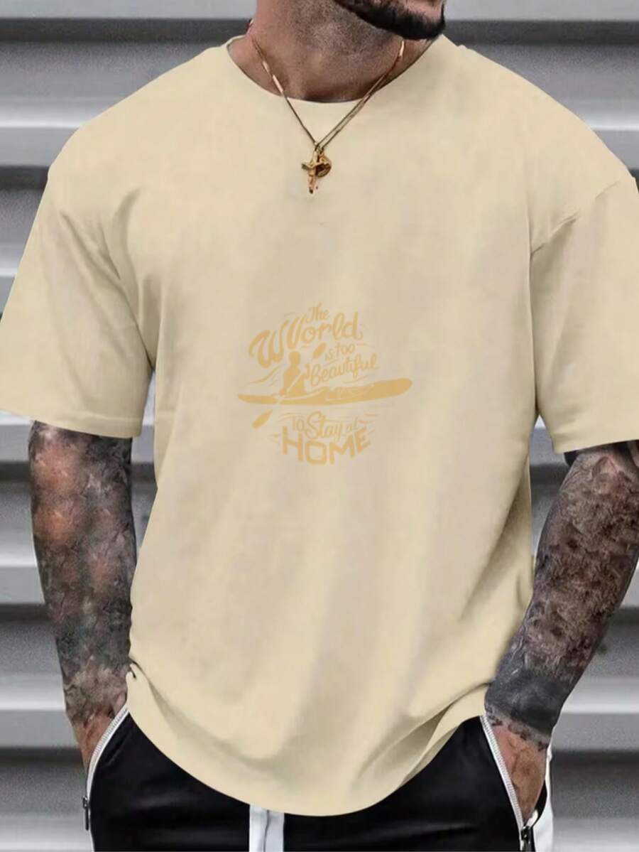Black Short-Sleeved Shirt With Yellow Paddle Character Pattern And Text - Khaki - View 1