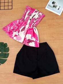 Women's Two-Piece Set, Strapless Printed Top And Plain Shorts, Casual Summer Outfit. - 珊瑚粉 - 查看 1