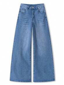 Women's Casual Loose Straight Leg Jeans, Button And Zipper Detail Design, Mid-Rise Medium Stretch Fabric
