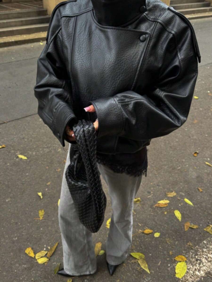 DEEKA 秋冬新款女士时尚皮夹克，简约百搭压纹皮衣，高端外套