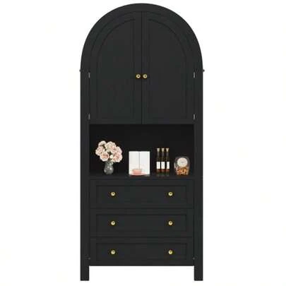 Hoher Bogen-Aufbewahrungsschrank Mit Schubladen Und Türen, Freistehende Hohe Bogen-Aufbewahrungstür Für Küche Und Wohnzimmer, Schwarze Bogenregale Mit Offenem Ausstellungsbereich