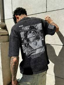 Fractyr Fractyr 男士夏季时尚简约街头雕塑及英文标语印花圆领复古水洗短袖T恤 | 百搭街头休闲T恤，男友礼物 - 黑色 - 查看 2