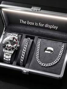4pcs Fashion Silver Tone Quartz Watch With Classic Silver Bracelet, Necklace, Ring Set For Teens, With Calendar Function, Best Daily Wear Wristwatch, Birthday Gift For Teenagers, Valentine's Day Special - Silver - View 8