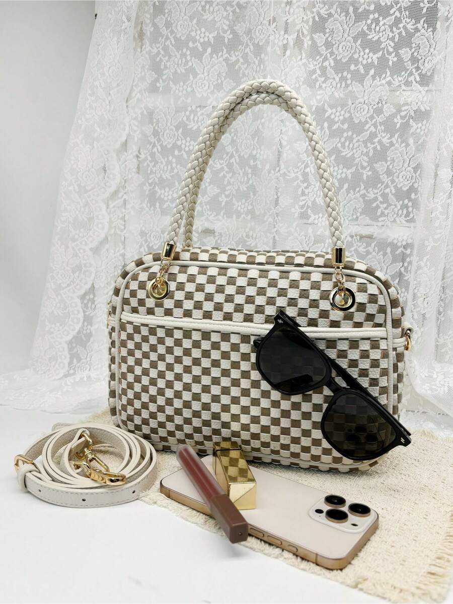Checkered Crossbody Bag For Women Shoulder Plaid Handbags Top Handle Satchel Bag Woven Bum Bag Stylish Woven Crossbody Bag PU Leather - 灰白格子 - 查看 1