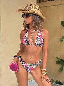 Bộ bikini buộc dây cổ gợi cảm họa tiết da báo và hoa dành cho nữ, thích hợp cho kỳ nghỉ biển. - Nhiều màu - Xem 4