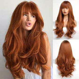 1 pièce Perruque femme ondulée auburn orange, cheveux synthétiques longs de 24 pouces bouclés, fibre résistante à haute température, bonnet rose, pour usage quotidien et festif