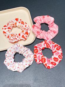 4pcs Multi-Color Scrunchies With Fashionable Heart "LOVE" Elements, Perfect Valentine's Day Hair Accessory Gift For Cute Girls, Suitable For Daily Wear, Casual, And Valentine's Day - Multicolor - View 5