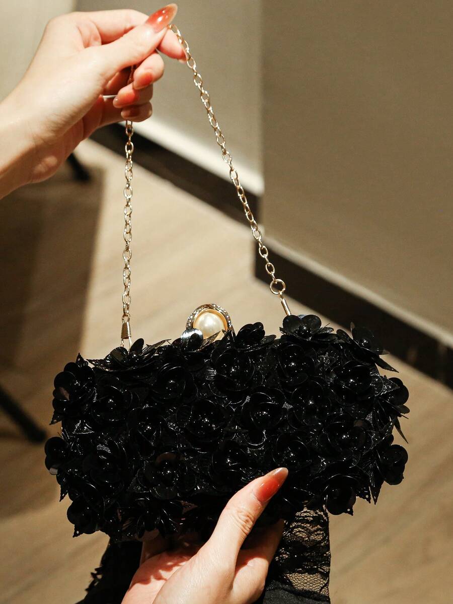 复古手工串珠亮片花朵晚宴手拿包，时尚优雅，适合搭配婚纱和伴娘礼服 - 黑色 - 查看 1