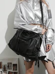 时尚前卫大容量女士手提包，PU皮革材质 - 黑色 - 查看 3