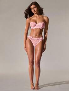 SHEIN BAE 2件套女士蕾丝时尚紧身胸衣性感文胸和内裤内衣套装 - 粉色 - 查看 3