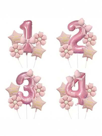 6pcs/Set Pink Number & Bow Tie Party Balloons, With Daisy, "Happy Birthday" And Star Foil Balloons, Suitable For Birthday Party, Celebration, Anniversary, Festival, Backdrop, Outdoor Party Decor, Photo Prop, Baby Shower