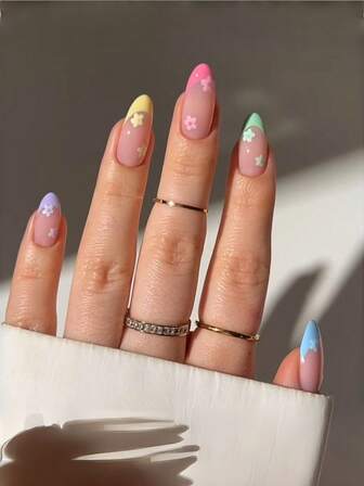 24 stycken mandelformade pressnaglar, vårfärgade pressade nageldesigner med färgglada franska blommönster, akrylpressade nagelklistermärken, lätta att använda, lämpliga för sommarnaglar och fransk manikyr, lämpliga för kvinnor och flickor för vardag, fest och andra tillfällen. Art Of Nail Care Products, akrylnagelset, mandelformade lösnaglar