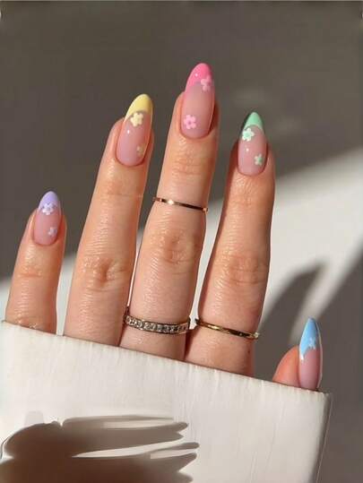 24片杏仁形美甲贴片，春日色彩缤纷的法式花卉图案，亚克力材质，易于使用，适合夏季美甲和法式美甲，适合女性和女孩日常、派对及其他场合。美甲护理产品，亚克力美甲套装，杏仁形假指甲