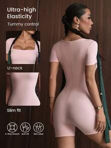 女士短袖连体裤 - 修身百搭，性感高腰设计，街头风，速干瑜伽健身运动连体裤，适合约会/通勤/海滩度假/拍照 - 粉色 - 查看 2