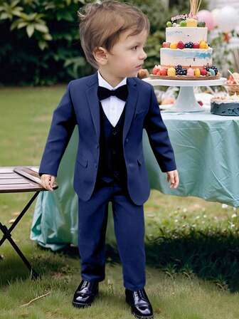 5pcs/Set Boys Navy Blue Tuxedo Suit, Includes Tailcoat, Vest, Pants, Shirt, Tie, Suitable For Young Boy Birthday Party, Banquet, Wedding, Christening And Anniversary, Size 3-10 Years