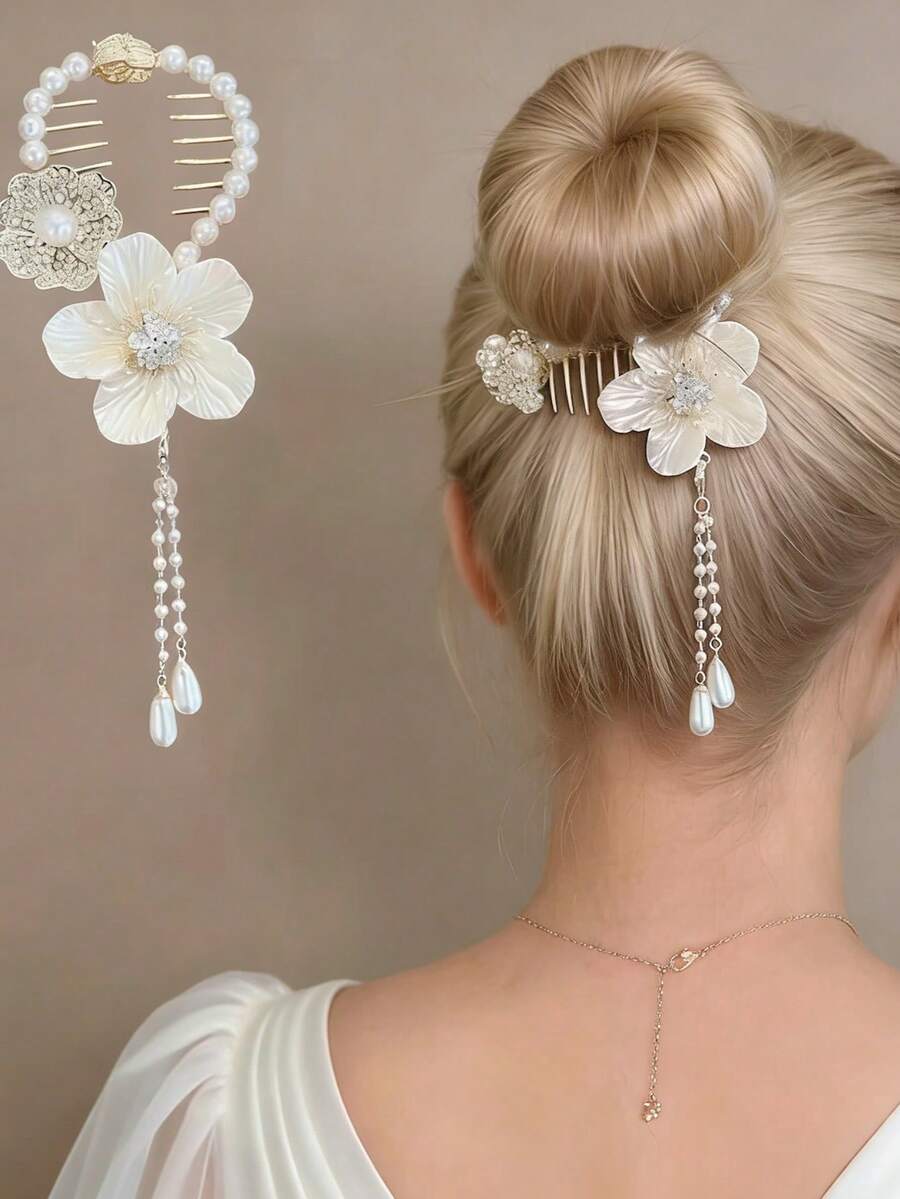 Camellia Tassel Hair Clips Ponytail Clips Ponytail Buckle Plate Hair Clips Simulation Pearls Grab Clips Hair Cards Headdress