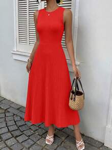 Women Summer Sleeveless Midi Dress Crewneck Ribbed Knit Pleated Swing A-Line Flowy Dress Solid Color Casual Spring Holiday Vacation Valentine Long Midi Dress Outfits - 磚紅色 - 查看 6
