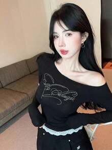 美式蕾丝字母拼接露肩长袖T恤，女士秋冬修身显瘦打底衫，黑色春季款 - 黑色 - 查看 1