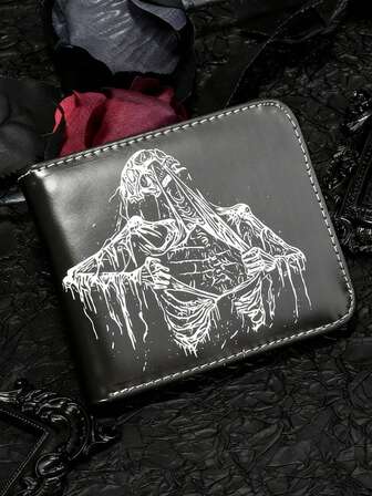 Black Pu Leather Wallet, Punk Style With Linear Skull Pattern, Casual And Versatile Bi-Fold Wallet/Card Holder, For Men & Women, Minimalist Card Holder Coin Purse With Cash Slot, Lightweight Everyday Wallet For Daily Commute, Travel, Office, Shopping & Casual Use, Artistic Line Drawing Design, Fashion Money Wallet, Credit Card Case, Small Billfold, Thoughtful Gift For Partners, Friends, Couples, Birthdays, Holidays & Seasonal Gifting