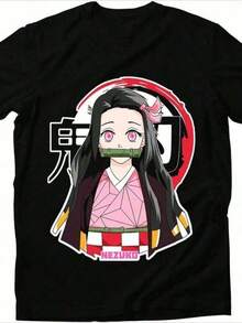 Tricou imprimat în stil anime Nezuko, tricou de vară cu mânecă scurtă casual, bumbac gros 220g cadou de Crăciun