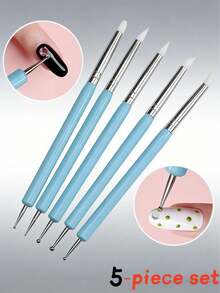5支双头亚克力硅胶美甲笔套装，包括金属水钻点钻笔、大理石纹理笔、浮雕笔、软陶水钻点钻笔和不锈钢美甲点钻笔 - 彩色 - 查看 2