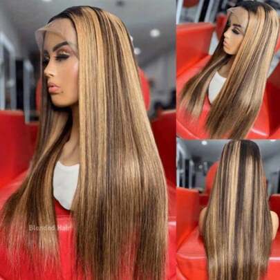 Peluca de 28 pulgadas de cabello humano rubio miel con densidad del 200%, 13X4 HD Lace Front Wig con línea de nacimiento natural previamente decolorada, peluca de encaje frontal ombré para mujeres con cabello liso mezclado y cabello bebé