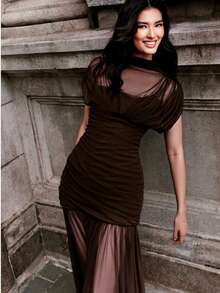 UNITHORSE Stand Collar Waist Ruched Bodycon Knit Evening Gown Dress - Brown - View 4