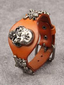 1pc Punk Skull Leather Bracelet, Adjustable Buckle Unisex Wristband For Daily Wear, Party Outfit, Couples, Gifts For Siblings