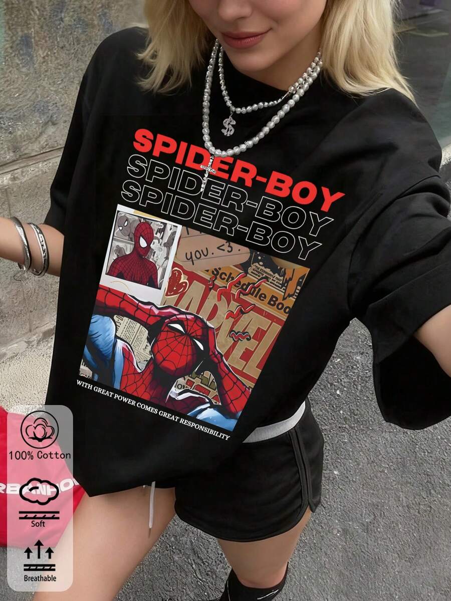 春夏女士新品：春夏 T 卹、春夏女士服裝、印花 T 卹、印花上衣、棉質上衣、高品質 T 卹、復古風、學院風、可愛風、都市風、Z 世代風格、千禧一代風格、Y2K 風格、朋克風、做舊風、極簡風、簡約風、休閒風、日常印花風、度假風格、有趣風格 - 黑色 - 查看 1