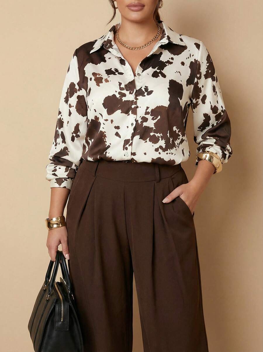 Whisplicity 1pc Plus Size Allover Leaf Print Contrast Color Button Front Woven Shirt, Suitable For Everyday, Festivals, Office, Home, Spring/Summer/Autumn