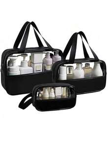 Neceseres de Maquillaje de Viaje, 3 Paquetes de 3 Tamaños, Organizador Cosmético con Cremallera para Mujer, Resistente al Agua, para Brochas y Accesorios Digitales - Negro - Ver 1