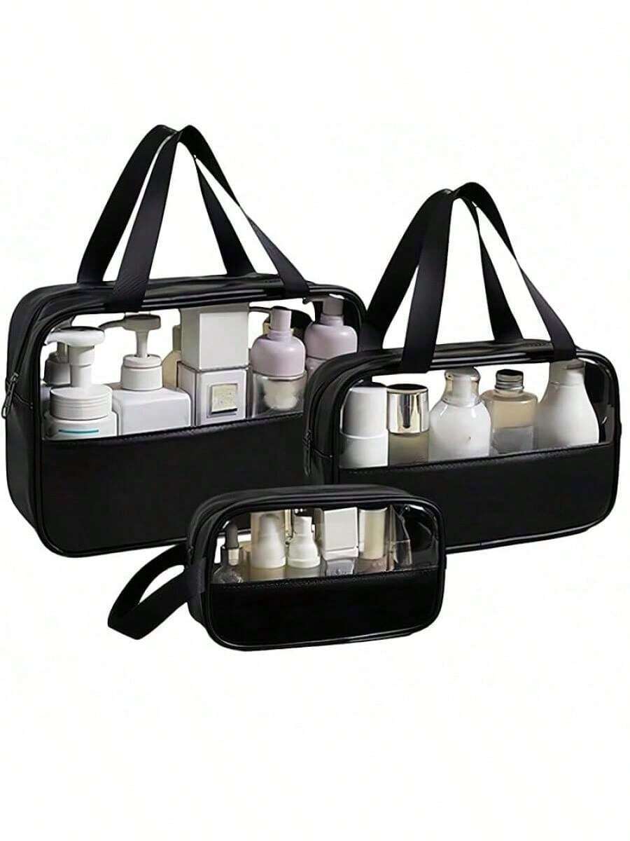 Neceseres de Maquillaje de Viaje, 3 Paquetes de 3 Tamaños, Organizador Cosmético con Cremallera para Mujer, Resistente al Agua, para Brochas y Accesorios Digitales - Negro - Ver 1