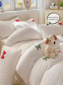 三件套白色卧室圣诞装饰图案镂空蝴蝶结刺绣被套套装，包含1个被套和2个枕套，超柔软透气时尚床上用品 - 白色 - 查看 5