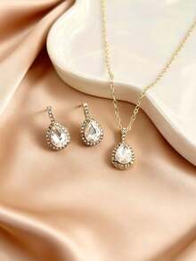Bộ 1 dây chuyền và bông tai hình giọt nước màu trắng đính đá Cubic Zirconia tinh tế, thiết kế cổ điển sang trọng, bộ trang sức cao cấp phù hợp cho phụ nữ, dự tiệc, liên hoan, đeo hàng ngày và các lễ hội. - trắng - Xem 3