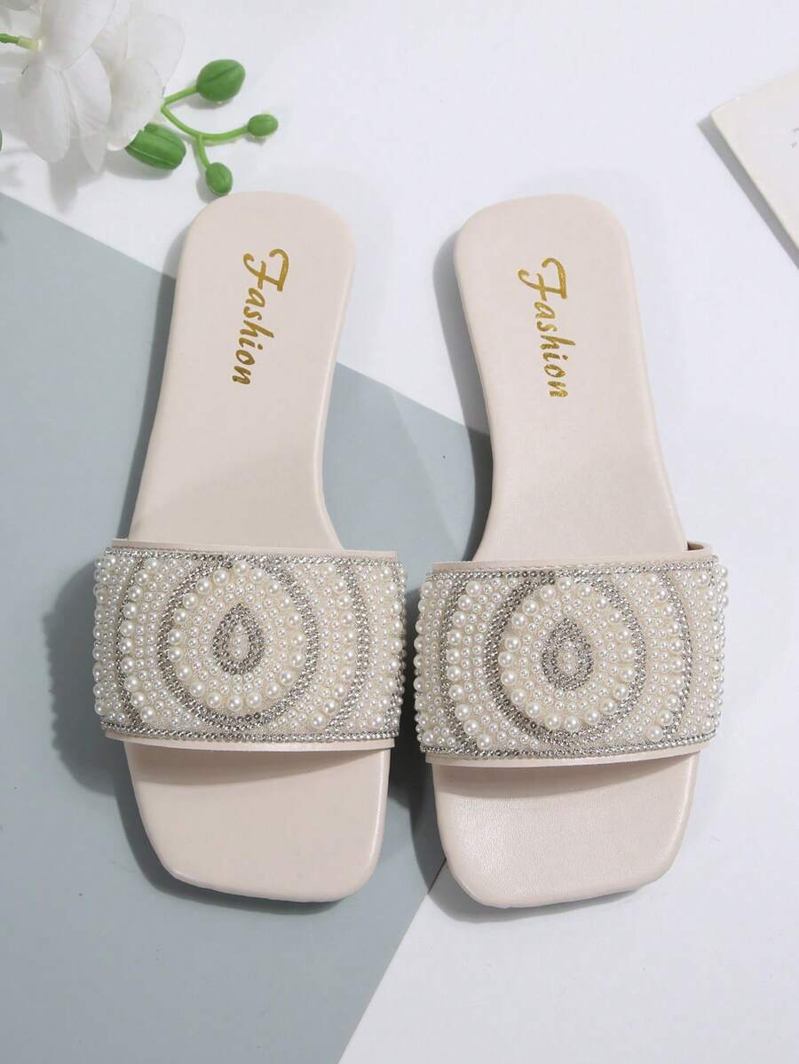 女士镶钻绑带凉鞋，休闲百搭户外塑料平底拖鞋 - 白色 - 查看 1
