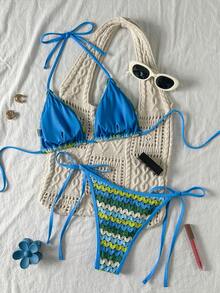Conjunto de bikini bohemio para mujer de dos piezas con cuello halter, tirantes y espalda abierta, de tela con textura única - Azul - Ver 4