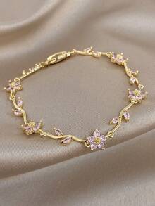 1 Pulsera Ajustable Delicada Con Cadena Y Flor De Cerezo Bañada En Oro 18K Con Circonita Rosa Estilo Bohemio Para Mujer, Ideal Para Uso Diario, Bodas, Citas, Aniversarios, Cumpleaños, Navid - 1 unidad - Edición Diamante Blanco - Ver 2